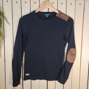 Lauren Ralph Lauren Black Long-Sleeve Shirt with Brown Elbow Patches